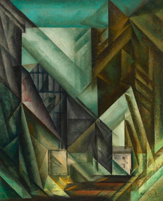 Sharp, angular forms in shades of laurel, bottle, and moss green, bronze and honey brown, turquoise, and steel gray are fragmented and faceted in this kaleidoscopic, abstract, vertical painting. The gray forms are near the center, and the ochre-brown forms are along the right third of the canvas. A few glints of dark yellow and rust orange are across the bottom, and the rest is filled in with earthy and cool greens. Each form is broken into strips, rays, or bands. The brown and gray areas come to points, like pitched roofs, and one parchment-white shape near the bottom right corner could be a building. The artist signed the lower right corner, “Feininger.”
