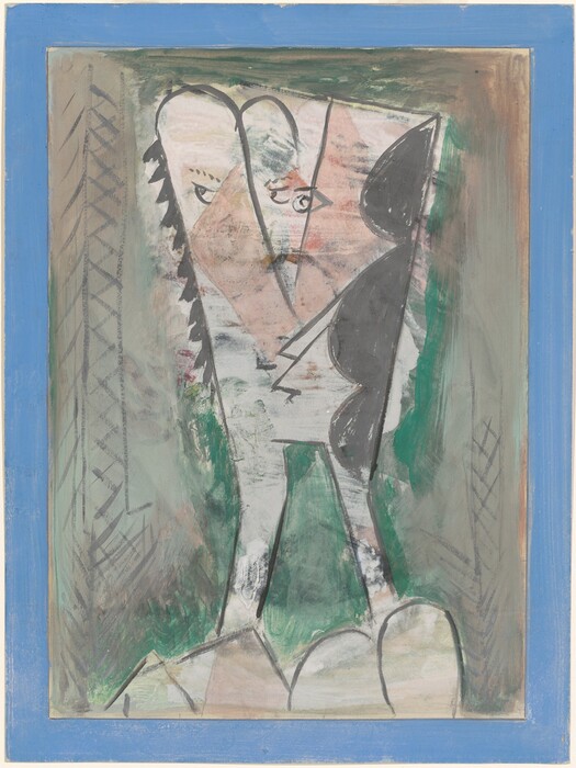This abstract image contains a combination of angular and curved lines intersecting on the canvas. There are shapes resembling facial features and a figure that resembles a person or animal. The fragmented forms in shades of gray, black, green, and pink are surrounded by a blue frame, creating a complex composition.