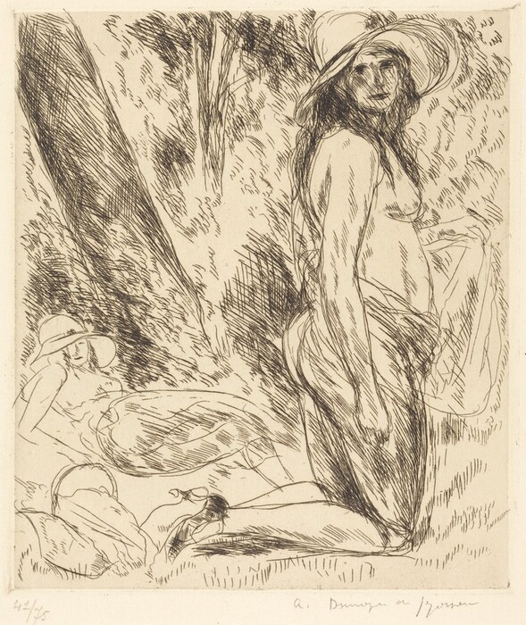 The image shows a sketch of two women outdoors. One woman is kneeling in the foreground, facing slightly to the side and glancing over her shoulder. She wears a wide-brimmed hat and is partially draped in cloth. The other woman is lying down in the background with her head slightly raised. Both women wear similar hats, and their hair flows. The scene is surrounded by textured lines representing a natural setting with trees and bushes. The depiction conveys a sense of tranquility.