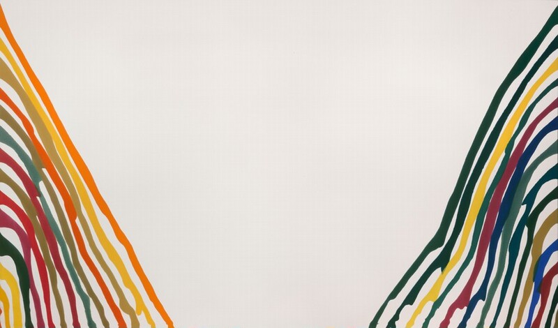 On either side of a rectangular, off-white canvas, thirteen wavy, almost parallel lines, each in a different color, drift and drip from either short end of the canvas down toward the bottom center. The lines vary in thickness and many are separated by narrow white spaces, but sometimes the lines bump or drip into their neighbors. Most of the colors to our left are warm, with buttercup yellow, papaya and fire orange, pea green, crimson red, and magenta. To our right, most of the colors are cool with pine and forest green, navy blue, burgundy red, and one lemon-yellow line. The largest portion of the composition, though, is the V-shaped white space left in between each bank of thirteen lines.