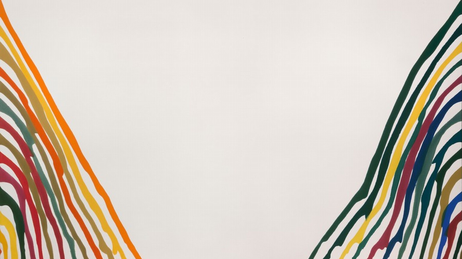 On either side of a rectangular, off-white canvas, thirteen wavy, almost parallel lines, each in a different color, drift and drip from either short end of the canvas down toward the bottom center. The lines vary in thickness and many are separated by narrow white spaces, but sometimes the lines bump or drip into their neighbors. Most of the colors to our left are warm, with buttercup yellow, papaya and fire orange, pea green, crimson red, and magenta. To our right, most of the colors are cool with pine and forest green, navy blue, burgundy red, and one lemon-yellow line. The largest portion of the composition, though, is the V-shaped white space left in between each bank of thirteen lines.