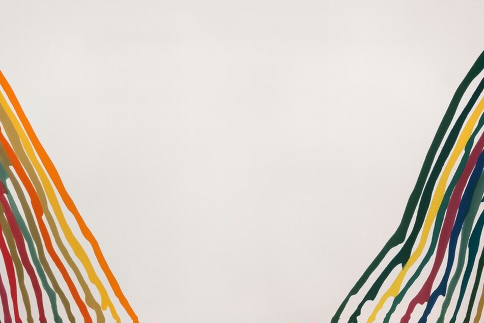 On either side of a rectangular, off-white canvas, thirteen wavy, almost parallel lines, each in a different color, drift and drip from either short end of the canvas down toward the bottom center. The lines vary in thickness and many are separated by narrow white spaces, but sometimes the lines bump or drip into their neighbors. Most of the colors to our left are warm, with buttercup yellow, papaya and fire orange, pea green, crimson red, and magenta. To our right, most of the colors are cool with pine and forest green, navy blue, burgundy red, and one lemon-yellow line. The largest portion of the composition, though, is the V-shaped white space left in between each bank of thirteen lines.