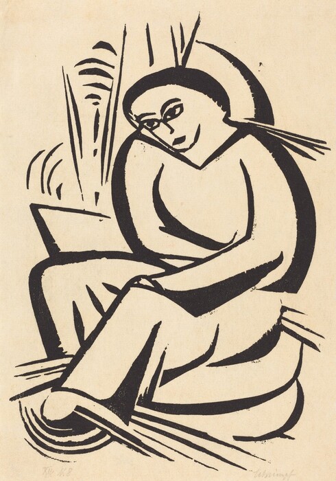 The image shows a stylized figure in a seated position with legs bent and arms wrapped around the knees. The head is slightly bent to the side, displaying a round face with distinctive facial features, including slanted eyes and arched eyebrows. The hair is depicted as a short, dark mass fitting closely to the head. The figure wears a simple garment with bold, graphic lines flowing over the body. Created with thick, black brushstrokes against a light background, the figure is set against a minimal backdrop of abstract lines and shapes.