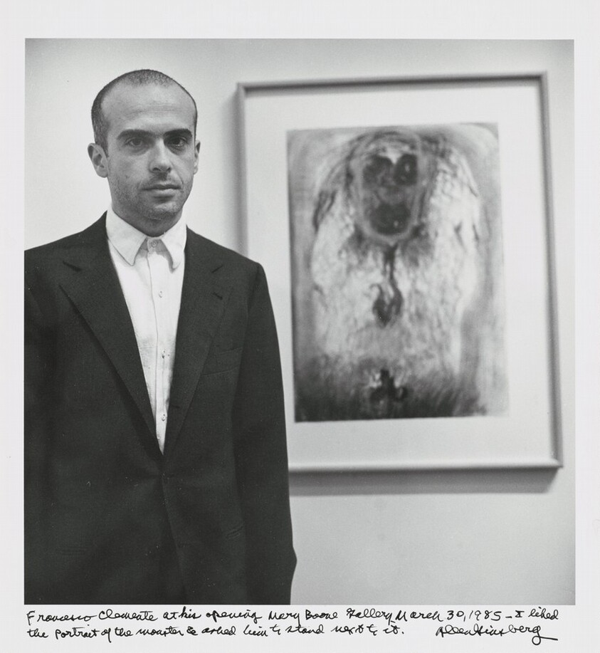 Francesco Clemente at his opening Mary Boone Gallery March 30, 1985 -- I liked the portrait of the monster & asked him to stand next to it.
