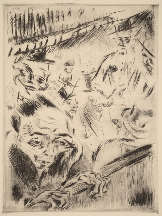 The image consists of jagged lines and angular shapes creating an intricate abstract composition. One prominent figure in the foreground appears to have exaggerated, elongated features. In the background, there are blurred and distorted figures. The overall composition suggests a bustling cityscape filled with shadowy, overlapping forms, evoking a sense of depth and motion.