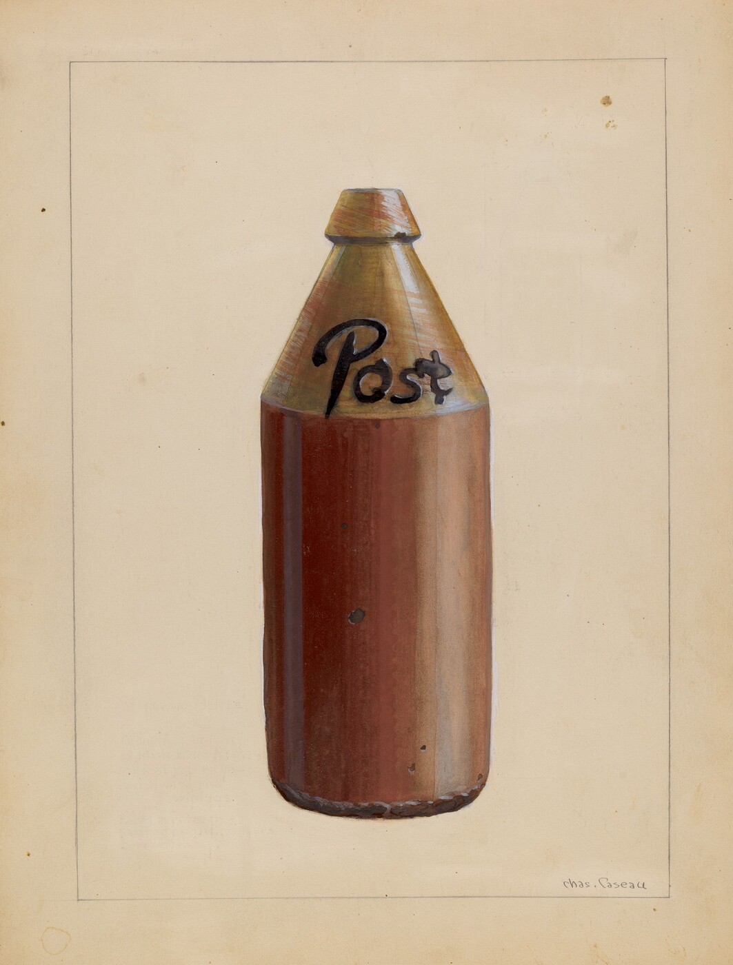 The image shows a large brown bottle with the word "Post" on its neck positioned centrally. The color palette includes various shades of brown and beige with highlights reflecting off the bottle's surface. The bottle is upright against a plain, light-colored background.