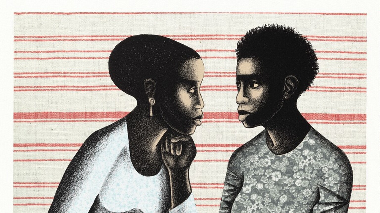 A man and a woman looking into each other's eyes with serious expressions on their faces.