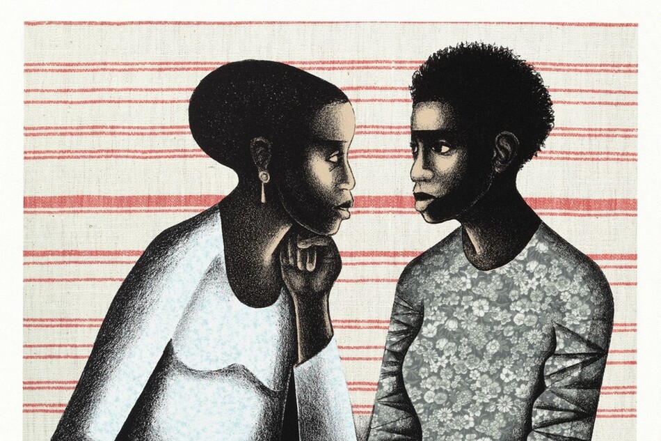 A man and a woman looking into each other's eyes with serious expressions on their faces.