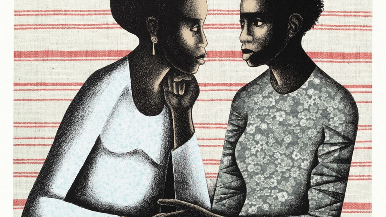 A man and a woman looking into each other's eyes with serious expressions on their faces.