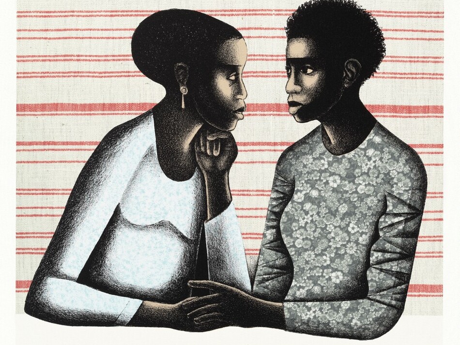 A man and a woman looking into each other's eyes with serious expressions on their faces. 