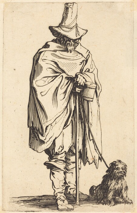 The image shows a person wearing a cloak and a tall hat, holding a walking stick and a container with a strap. A small dog sits beside them on a leash.