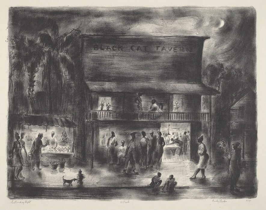 This is a drawing of a bustling street scene outside a tavern. The image features a building labeled "Black Cat Tavern" with various people gathered around, some entering the tavern while others talking outside. A market stall with goods is visible, and there are shadowy trees in the background under a crescent moon. The drawing uses dark tones and shading to convey the scene.