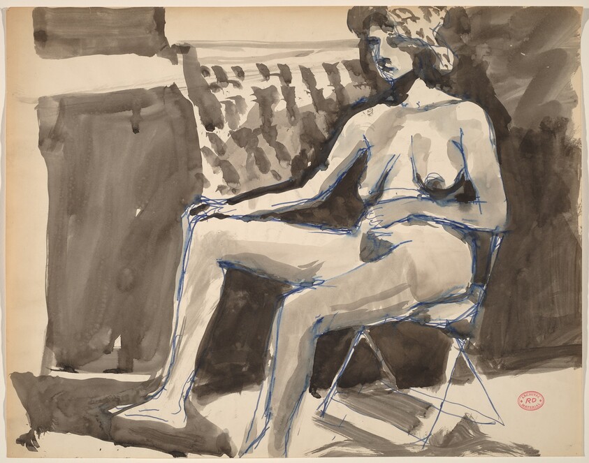 Untitled [female nude in a hat seated in a folding chair]
