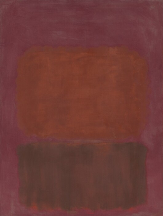 Rectangular fields of pale burnt orange and sage green hover at the center of the composition against a muted mauve-purple background in this vertical abstract painting. The larger horizontal orange rectangle is stacked over the green, and they are separated by a narrow strip of the fuchsia background. The edges of the rectangles are soft and the fields of color are mottled. The green paint seems to have been applied over an area of fire orange, and the orange surfaces in some places, especially along the bottom edge of the green shape.