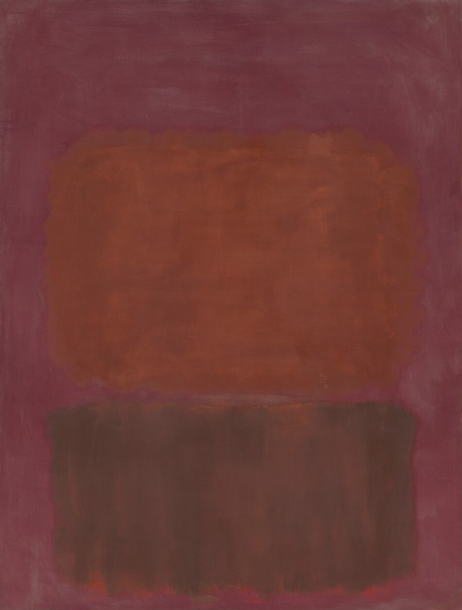 Rectangular fields of pale burnt orange and sage green hover at the center of the composition against a muted mauve-purple background in this vertical abstract painting. The larger horizontal orange rectangle is stacked over the green, and they are separated by a narrow strip of the fuchsia background. The edges of the rectangles are soft and the fields of color are mottled. The green paint seems to have been applied over an area of fire orange, and the orange surfaces in some places, especially along the bottom edge of the green shape.