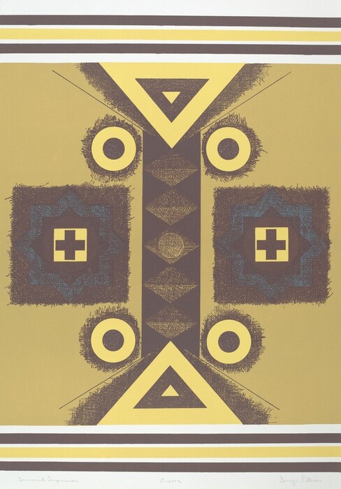 The image features bold geometric shapes and lines, creating an abstract symmetry. At the center, a column of diamond shapes in dark brown extends vertically, flanked by circular elements with concentric circles. Above and below, large triangular forms suggest pointed arrows, while textured squares enclosing smaller squares with a cross inside are present. The overall design is framed by horizontal stripes at the top and bottom.