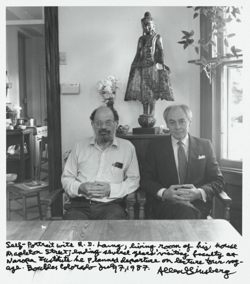 Self-Portrait with R.D. Lang, living room of his house, Mapleton Street; ending several years' visiting faculty at Naropa Institute. We planned departure on lecture tour voyage. Boulder, Colorado. July 7, 1987
