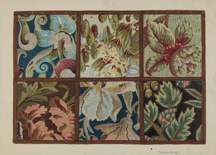 The image shows a grid of six rectangular sections with intricate patterns of curved and swirling lines. The patterns resemble stylized floral and leaf motifs, with a variety of colors such as greens, blues, pinks, and browns used to enhance the nature-inspired designs.
