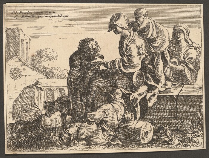 The image shows a group of figures. At the center, a seated woman holds a child on her back. Beside her, another seated female figure is visible. In the foreground, a man with shaggy hair rests against a stone or log. In the left background, a person attends to a donkey drinking from a trough. The backdrop includes architectural elements and a foliaged landscape with a classical appearance, seen in strong lines and shadows typical of a print.