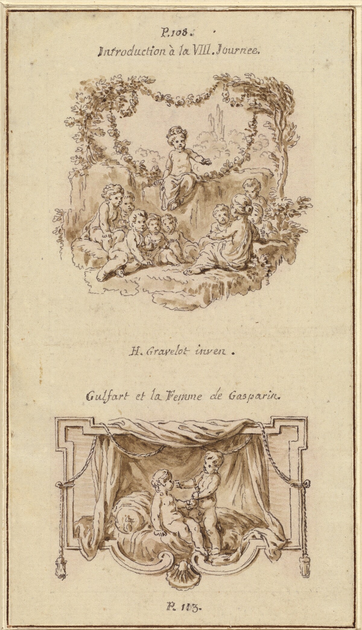 Nine Children Listening to a Girl Tell a Story; A Boy Handing a Purse to a Girl Seated on a Bed