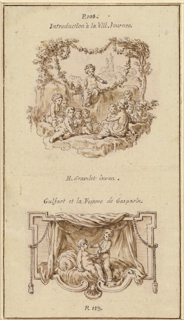 Nine Children Listening to a Girl Tell a Story; A Boy Handing a Purse to a Girl Seated on a Bed