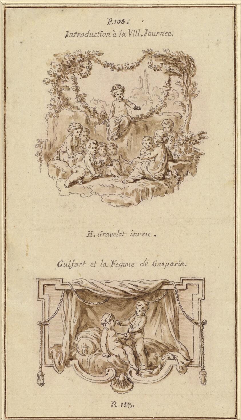 Nine Children Listening to a Girl Tell a Story; A Boy Handing a Purse to a Girl Seated on a Bed