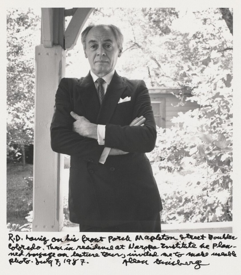 R.D. Laing on his front porch Mapelton Street Boulder Colorado. Then in residence at Naropa Institute he planned voyage on lecture tour, invited me to make usable photo. July 7, 1987.