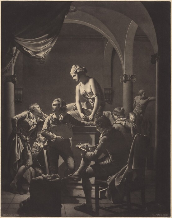 This is a painting of a group of people gathered around a sculpture in a dimly lit room. The scene depicts a neoclassical setting where individuals appear to be examining or discussing the central sculpture, a woman on a pedestal. The architecture features archways and columns with classical elements, creating a refined ambiance. The contrast between light and shadow enhances the focus on the sculpture and the expressions of the individuals.