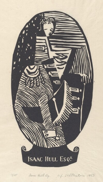 The image is a black-and-white illustration of a bust portrait. The man in the illustration is seated with his face turned slightly to the side. His facial features are abstract, and his hair is depicted with lines framing his face. The man wears a coat with buttons and a high-necked collar, decorated with swirling patterns and stripes. There are no visible accessories or objects in his hands. The background is plain, and the text at the bottom reads "ISAAC HULL ESQ."
