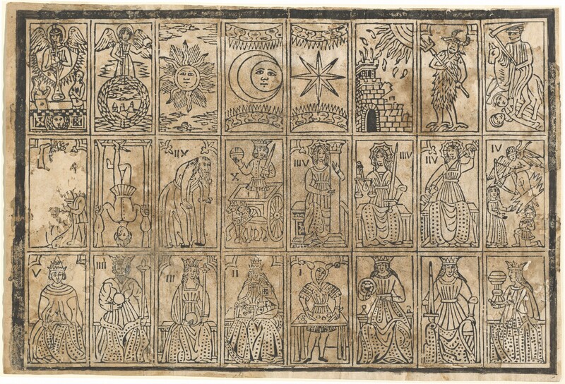 Printed in black ink on tan paper, twenty-four playing cards are arranged in three rows of eight that fill the horizontal sheet of this woodcut. Most of the cards in the middle and lower rows have Roman numerals in or near the upper left corner. The numbers count down from twelve, and are reversed. Each card in the top row shows a celestial entity or an imaginary being. The first card on the left shows an angel blowing a horn while hovering over a long horizontal box in which two people stand. Other cards have a stylized sun with a face, a crumbling stone tower on fire, or a man with horns and chicken feet, wearing an animal skin and holding a trident. The cards in the middle and bottom rows each feature a man or woman, many wearing crowns or headdresses, and long gowns. The only exception is one to the far right of the middle row, which shows a blindfolded, winged angel about to shoot an arrow into a woman as a man kneels opposite her. Other cards on that row include a balding, bearded man leaning on crutches; a man wearing a crown standing in a cart drawn by two horses as he holds an orb and sword; or a woman in a long gown embracing a column. The bottom row begins with a wide-eyed person wearing a cone-shaped crown decorated by two rows of zigzags. Others show men or women wearing crowns and holding orbs and scepters, a man dressed as a jester, or a man holding a sword. There are losses on the card to the left in the center row, so that image is incomplete.