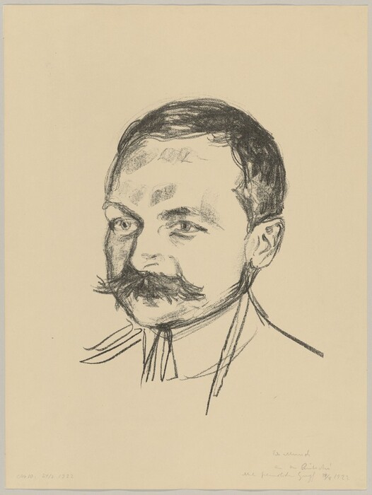 The image shows a drawing of a man's head and neck in a three-quarter view facing towards the left. The man has a strong jawline, thick eyebrows, a bushy mustache, and short hair combed to the side. He is wearing a shirt with a visible collar line and appears to have a confident or thoughtful demeanor. The background is plain and light-colored, drawing attention to the man's features. There are no visible items of jewelry or objects in the portrait. The drawing style and texture suggest it may be a study or a sketch.