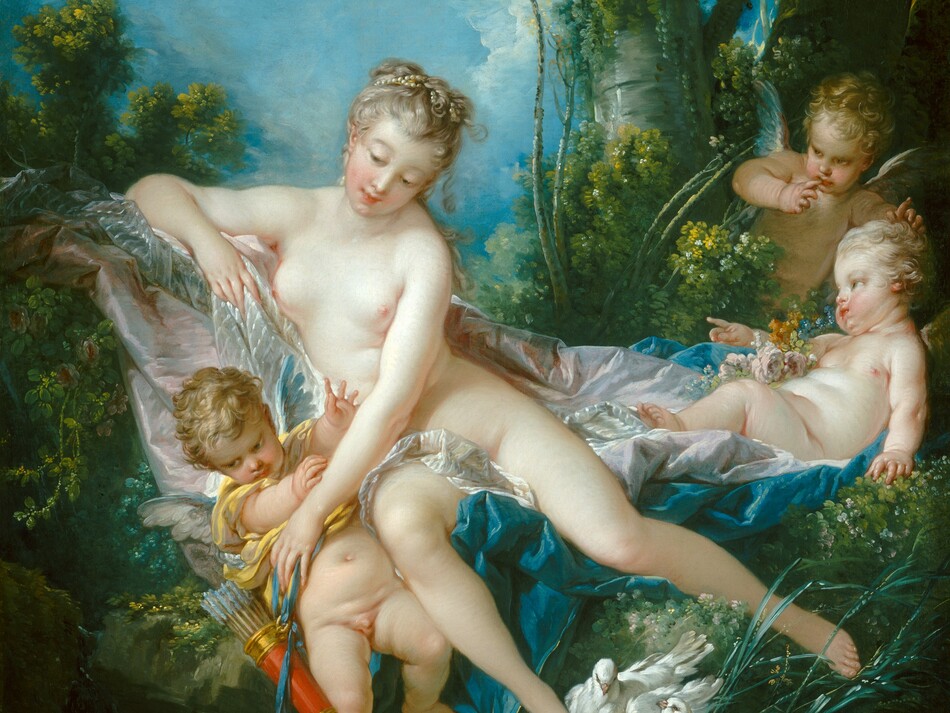A nude woman and three small, winged children gather among bushes and lush vegetation at the edge of a clear pool in this vertical painting. All four have pale skin and blond hair. The children are pudgy with baby-like proportions and have short gray and blue wings. The woman half reclines on swaths of white, pale pink, and peacock-blue fabric draped across the bushes or the ground. She leans her torso to our left and leans toward that elbow, which is propped up on the fabric. The toes of her right foot, on our left, brush the ground near the water, and her other leg is angled to continue the diagonal created by her elbow and torso. Two white doves nestle by her lower foot. Her ash-blond hair is bound up with pearls, and she has rosy cheeks, pink bow lips, and smooth skin. She reaches across her body and down to our left to touch a nearly nude young boy. He wears a butter-yellow garment pulled up around his chest, perhaps by the woman. A quiver of arrows hangs from a blue ribbon at his side, and he raises his hands before him, toward the woman's arm. To our right, one of the other children reclines on the pink and blue drapery and faces the woman in profile. The third child leans forward from the bushes behind the reclining child. The bushes and trees of the lush forest around the figures creates a V-shape with the people at the center. Vibrant blue sky fills the upper left quarter of the painting.