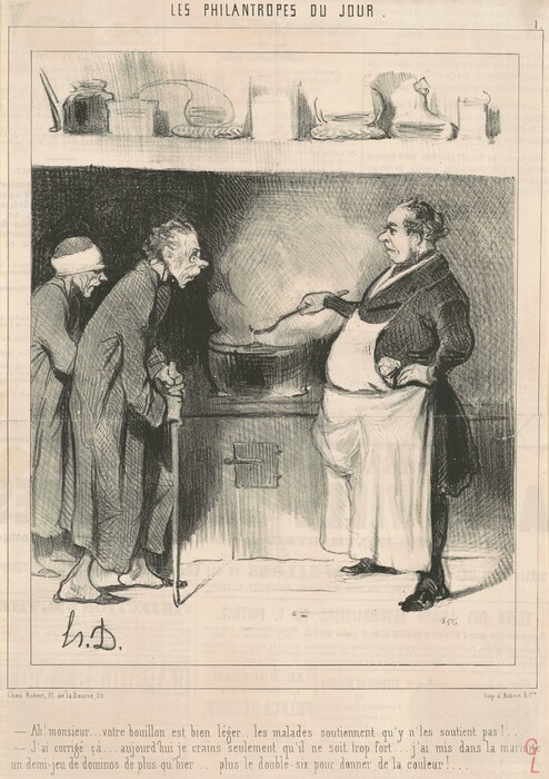 This is a drawing of a kitchen scene with two individuals leaning in to scrutinize a large cauldron being attended by a cook. The drawing is done in a caricature style. The room is detailed with items on the shelves and the cook in an apron is stirring the pot with a ladle. The other figures also appear engaged and slightly skeptical about the contents of the cauldron. Shadows and lines hint at a dimly lit environment, emphasizing the expressions and posture of the figures.