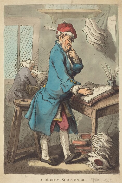 The image shows a man standing next to a table, leaning forward with one hand on an open book and the other hand on his chin. He wears a red cap with a feather, a blue coat with gold trim, a white shirt, pink knee breeches, and dark shoes. Beside him, a person in gray clothing and a white cap sits at the table working. On the floor are papers, and on the desk is a pot of quills. The background includes a leaded glass window, simple walls, and writing above.
