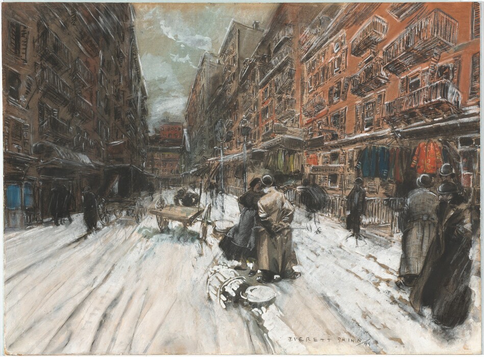 This painting shows a bustling narrow street. Tall tenements are on either side in shades of red and brown. Fire escapes and clothing hang from the sides of the buildings. The street below is covered in white snow. A couple in coats stands among other passersby, and horse-drawn cart is pulled down the street. In the background, the buildings converge at the end of the long street below an icy blue sky.