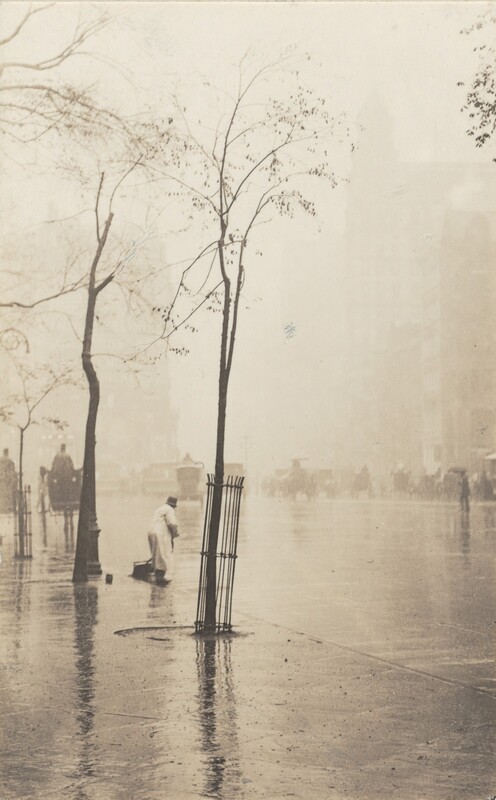 Printed with brownish-gray tones, a single tall tree with a spindly trunk and sparse canopy grows inside a round cage set into a sidewalk in this tall, narrow photograph. The tree is just left of center, and two more, one of them also in a cage, are farther along the sidewalk to the left. Between the first two trees, a person wearing a light coat and a dark cap cleans the street along the gutter. Two horse-drawn carriages with drivers sitting high on the cabs face away from us along the left edge of the photograph. The sidewalk and street to our right gleams with rain, more carriages, and one pedestrian holding an umbrella are dark silhouettes in the hazy distance. Skyscrapers are outlined against a misty sky in the top half of this picture.