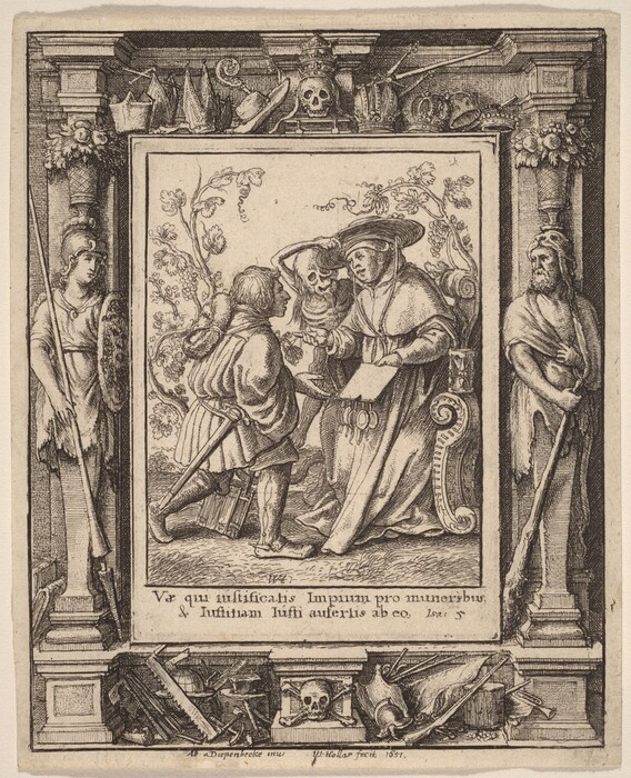 This is a drawing featuring allegorical and symbolic elements. In the center, two figures interact; one is a robed and hatted figure handing over money or documents above a table with scrolls, while another standing figure leans forward possibly in conversation. The scene is bordered by columns with figures on top, including a skull and a crown. The bottom section shows various objects like scrolls, weapons, and a skull. The drawing employs intricate line work and shading techniques reminiscent of historical engravings. Gothic script at the bottom includes a Latin phrase.