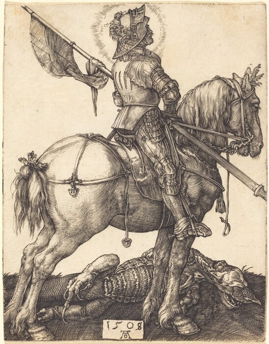 This print shows a fully armored knight on horseback, holding a long flagpole. The knight and horse are facing the right, and the knight's face is mostly obscured by a large helmet with the face guard lifted up. A small halo of light surrounds his head. The knight's armor is intricate and covers him entirely, and the horse is adorned with a saddle and other straps, with some leaves or ribbons decorating its tail and forehead. A slain creature lies beneath the horse's hooves, with a scaly body and tail and a face like a lion. The background is blank, and at the bottom is the date "1508" and a monogram or artist's symbol.