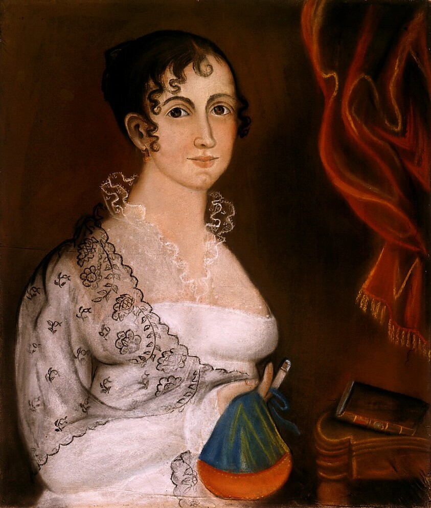 Lady with Red and Blue Sewing Bag