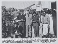 Peter Orlovsky seated handsome mysterious-haired, William Burroughs thoughtful with hat to shade Mediterranean sun, camera in hand, Alan Ansen relaxed visiting from Venice to help type _The Soft Machine_ cut-up writings, Gregory Corso sunglassed and Minox’d, Paul Bowles with elegant striped tie squinting in bright mid-morning light—all assembled, myself on right with cigarette & white trousers, at garden wall outside Bill’s single room Villa Muniria, my Kodak  Retina probably in Michael Portman’s hands July 1961 Tangier Moroc., Allen Ginsberg, 1961, printed 1989