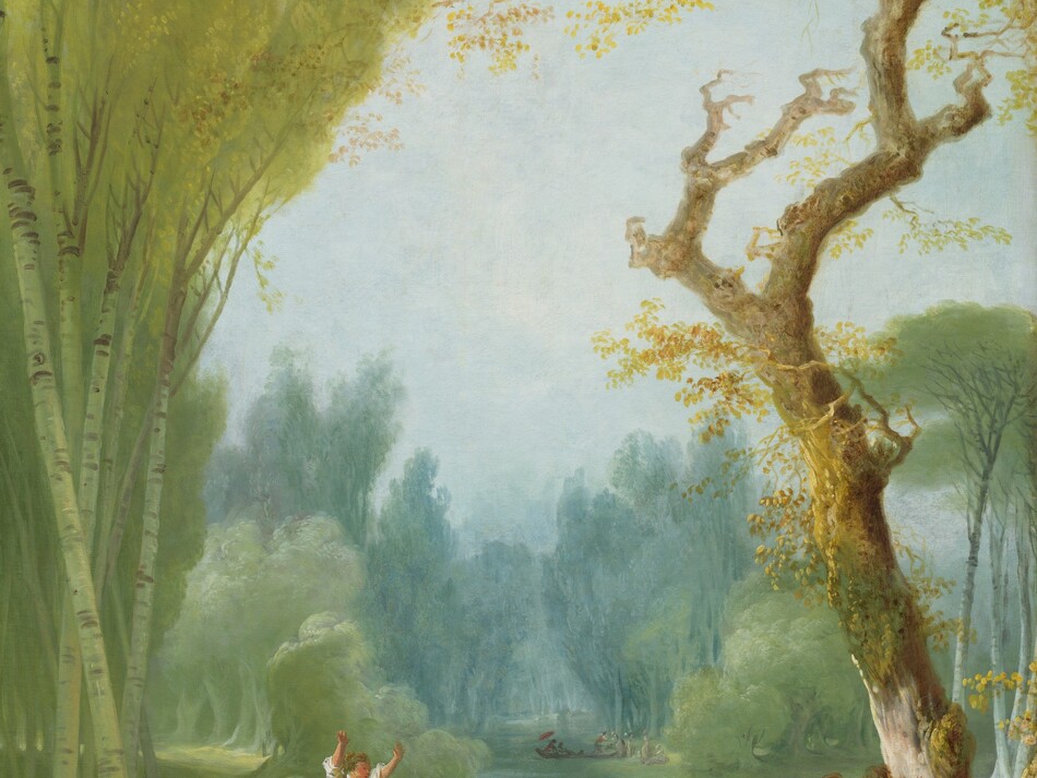 In a lush, tree-lined park, filtered light falls across a group of about a dozen light-skinned people lounging and frolicking along the banks of a river in this vertical landscape painting. A man wearing a shell-pink jacket and pants and woman wearing a topaz-blue, full-skirted dress and rose-pink bonnet sit near each other in the lower left corner. Several younger boys pile up in a game where one person tries to ride on the back of another, to our right. They wear rolled-up pants, open-necked shirts, and some wear straw-colored hats. Tall aspens, with smooth greenish-white trunks and soft, golden leaves, are among the trees that line this placid river. A gnarled trunk twists against the cloudless blue sky above the revelers to our right. Other couples board a long, narrow boat at the riverbank in the distance.