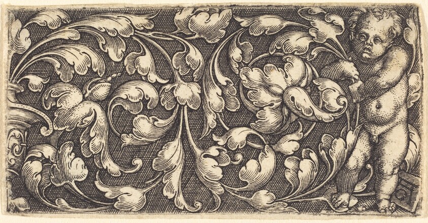 Naked Infant Holding a Double Scroll of  Leafy Ornament