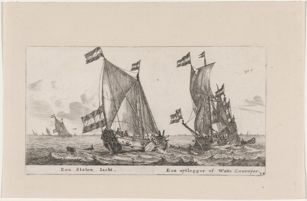 The image displays a maritime scene showing sailing vessels from a low angle above the water. The horizon is in the upper third of the image with ships against the sky. Two intricate ships sail through choppy waters with billowing sails. The etching technique shows detailed texture of the sails and waves with a monochromatic color palette of black and grey. A faint shoreline is visible in the distance.
