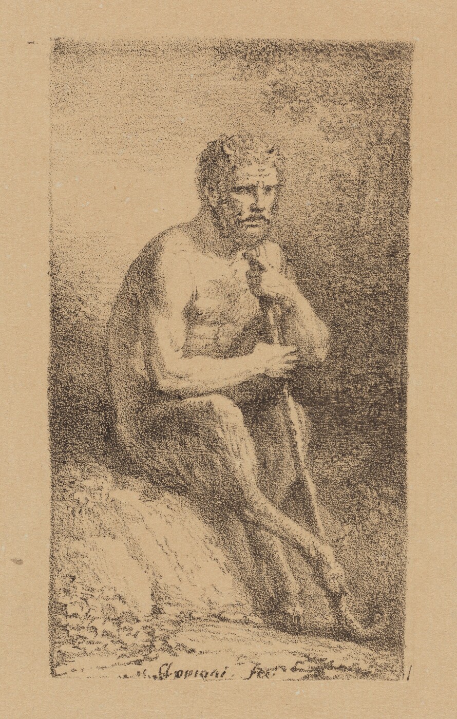 The image shows a full-body drawing of a seated figure with short, curly hair and small horns on their head. The figure has a somber expression, one hand on their knee, and the other hand holding a long staff. The figure is nude, with a textured background creating a sense of depth.