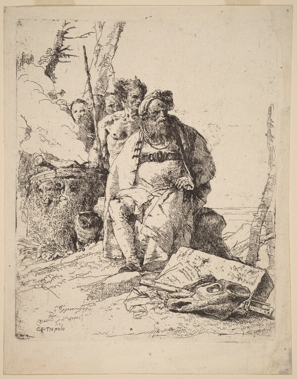 Seated Magician with Other Figures beside an Altar