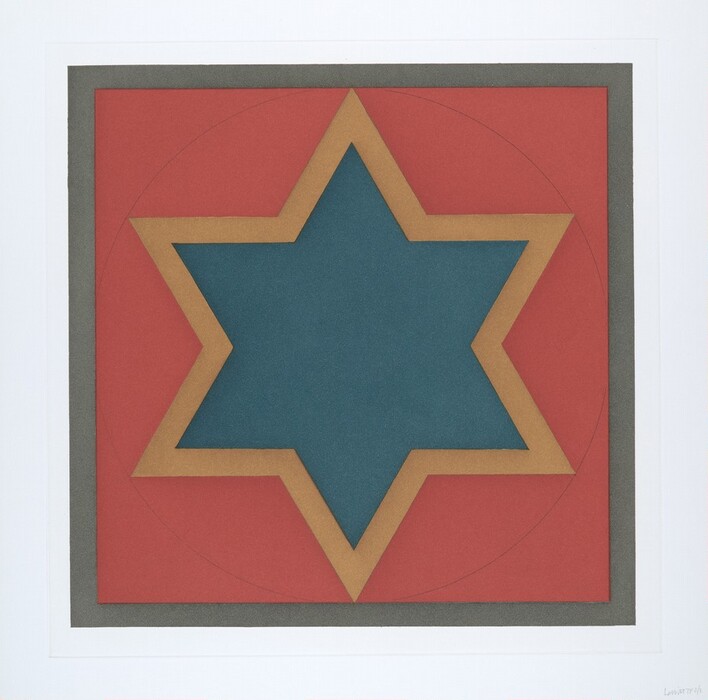 The image displays a six-pointed star shape at the center, made up of geometric forms. The abstract composition includes bold colors and precise lines for depth and structure. The star is surrounded by a squared frame, with concentric squares and circles in the background.