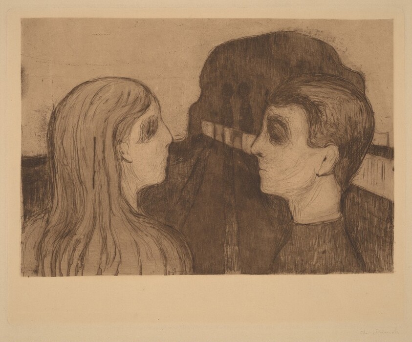 The image depicts two individuals shown from the waist up, positioned side by side and facing each other. The person on the left has long, flowing hair that cascades down their back. Their facial features are seen in profile, displaying a prominent nose and simple eye details. The individual on the right has short hair, styled close to the head, with distinct, shaded eye areas. They are also shown in profile, facing the person on the left, highlighting their nose and expressionless eye details. Both individuals appear to be wearing simple, dark tops with rounded necklines. The background features an indistinct, blurred setting with a sense of depth, containing a pathway or road that extends into the distance between loosely defined structures. The texture and shading in the image suggest a moody atmosphere.