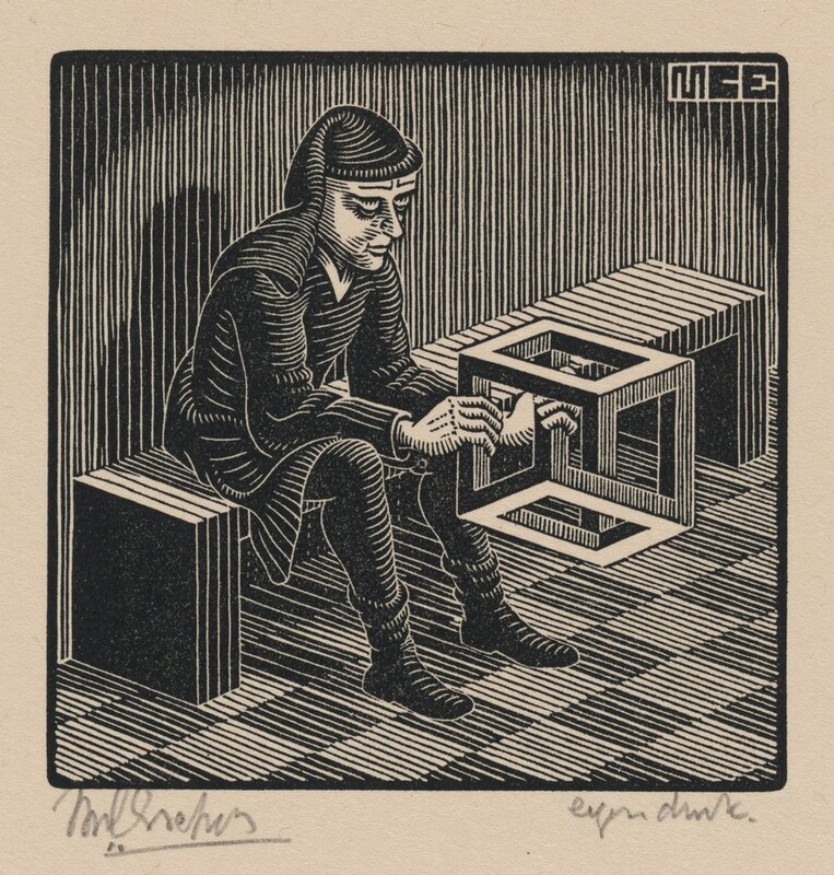 Man with Cuboid by M.C. Escher