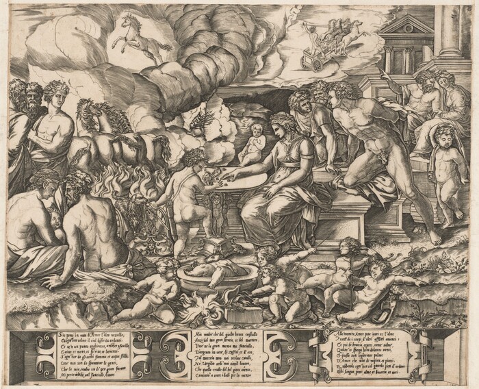 This is a detailed drawing of a classical scene with mythological themes. The image shows various figures engaged in different activities with architectural elements and mythical creatures included. The central figure is surrounded by other characters in dynamic poses, set within a classical architectural backdrop. Horses and chariots fill the sky while the lower part of the image contains intricate symbols and text. The drawing is rich in symbolism and detail, reminiscent of Renaissance or Baroque allegorical artworks.