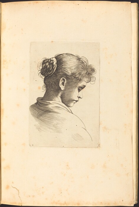 The image shows a sketch of a person's head and shoulders in profile view from the left side, down to the upper part of the back. The individual is in a seated or resting position, with their face turned downward. The figure has a high forehead, a pronounced nose, closed eyes, and neutral expression. The hair is styled back into a bun with loose curls. The person is draped in fabric, and there is no jewelry or objects present. The background is a blank space with signs of paper aging, such as spots and creases.